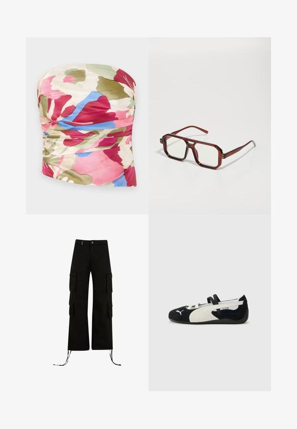 Top floral fără bretele, cu un design pliat, realizat dintr-un material fin în nuanțe de roz, verde și albastru, cu un fundal crem deschis.; Pantaloni cargo negri cu o croială lejeră, care includ buzunare cargo pe laterale, tiv cu șnur și închidere cu buton la talie.; Pantof ultra-ușor, negru și crem, cu superior din suede, talpă plată, curele elastice și un mic logo pe vârful pantofului.; Ochelari mari, transparenți, de culoare maro, cu lentile dreptunghiulare și brațe subțiri. Colțuri unghiulare, ușor rotunjite, și accente hardware vizibile.