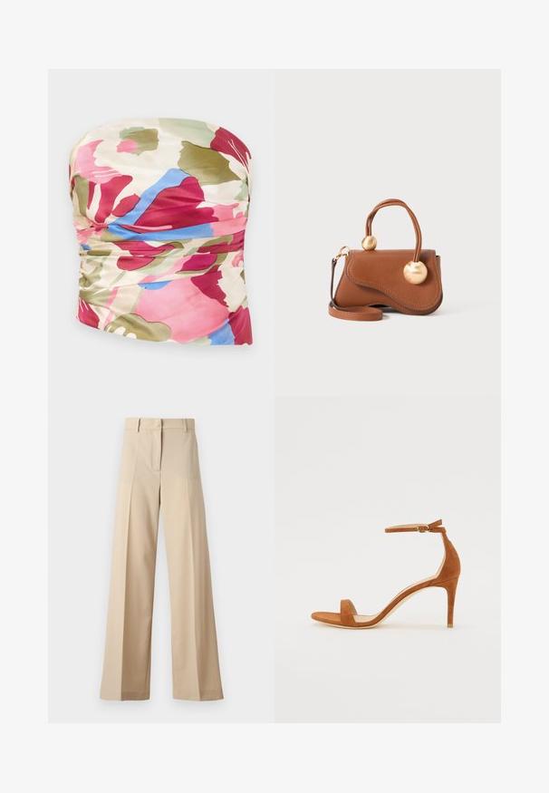 Ilma rihmadeta lilleline topp, millel on kurruline disain, valmistatud siledast kangast roosa, rohelise ja sinise tooni ning kerge kreemika taustaga.; Kreemikad laiad püksid, mis on valmistatud siledast kangast, millel on tasapinnaline esiosa koos voldikutega, lukuga esiosa ja vöökohale silmused. Üldine puhas istuvus.; Pruun nubukist kõrge kontsaga sandaal, millel on õhuke pahkluu rihm kullaga klambriga, avatud varvas ja stiilne, minimalistlik disain.; Pruun nahast käekott lainekujulise disainiga, millel on kaks ümmargust kuldset aksessuaari ja eemaldatav õlavarre rihm mitmekesiste kandmisvõimaluste jaoks.