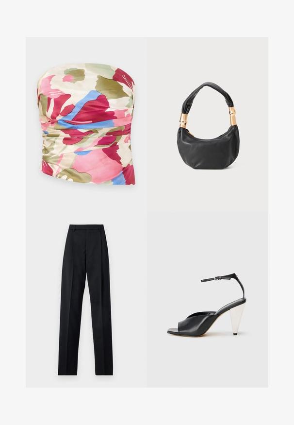 Strapless floral top featuring a ruched design, made of smooth fabric in pink, green, and blue shades with a light cream background.; Black trousers made from smooth fabric featuring a high waist, wide legs, front pleats, and classic belt loops. No side pockets visible.; Black leather high heel sandal with open toe, asymmetrical design, ankle strap, and a metallic cone-shaped heel. Smooth texture throughout.; Black leather handbag with a round shape, soft texture, and a knotted handle featuring gold-tone hardware accents. Zipper closure.
