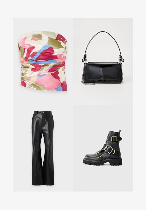 Top floreale senza spalline con design arricciato, realizzato in tessuto liscio con tonalità di rosa, verde e blu su uno sfondo crema chiaro.; Pantaloni flare in pelle nera con una finitura elegante, tasche anteriori e cuciture a contrasto. Presentano una chiusura con bottone e una vita strutturata.; Stivaletto in pelle nera con suola spessa, caratterizzato da più cinghie e dettagli in hardware dorato. Texture liscia, design robusto.; Borsa a tracolla in vernice nera con forma rettangolare, tracolla a catena e un distintivo accessorio in metallo al centro. Texture liscia.