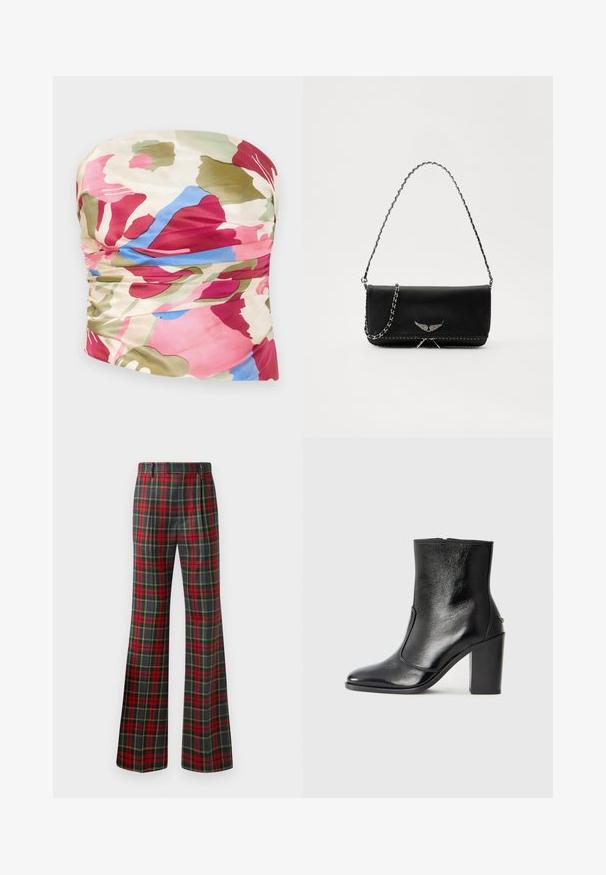 Top bez ramienok s kvetinovým vzorom, ktorý má riasený dizajn, vyrobený z hladkého materiálu v odtieňoch ružovej, zelenej a modrej farby na svetlom krémovom pozadí.; Rozšírené nohavice v károvanom vzore, ktoré kombinujú červenú, zelenú a žltú farbu. Vyrobené z textílie s hladkou textúrou a skvele padnúceho strihu.; Čierna kožená kotníková obuv s hladkým povrchom, špicatou špičkou a masívnym vysokým podpätkom. Zdobená bočným otvorom a minimalistickým dizajnom.; Čierna kožená kabelka so strieborným reťazovým popruhom, so zdobnými krídelnými akcentmi a bielym prešívaním pozdĺž dolného švu.