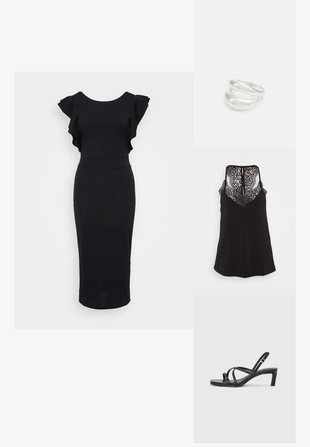 Camisola nera con dettagli in pizzo sullo scollo a V e sulla schiena. Presenta spalline regolabili e una texture di tessuto liscia. Vestibilità regolare.; Abito nero aderente realizzato in tessuto morbido, con maniche a volant, scollatura rotonda e orlo fino al ginocchio. Design semplice ed elegante.; Sandalo nero con cinturini, dalla punta squadrata e tacco basso a blocco. Presenta diversi cinturini sottili e una cinturini regolabile alla caviglia. Realizzato in pelle liscia.; Borsa a tracolla nera in pelle con una texture liscia, forma rettangolare e dettaglio in catena metallica sul davanti. Inclusa una tracolla regolabile.; Anello doppio in argento con superficie liscia e lucida. Presenta un design fluido e curvo con sezioni sovrapposte per un aspetto moderno.