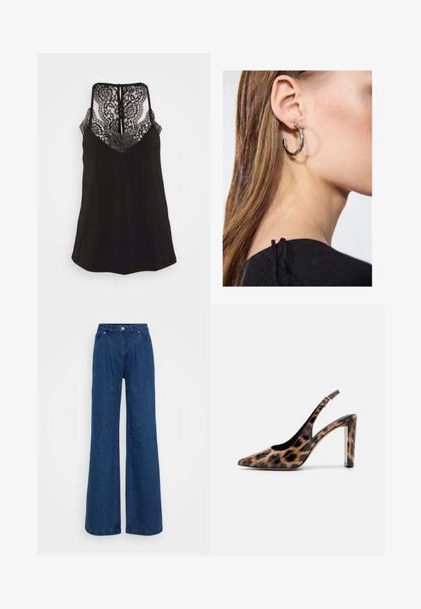 Sort cami med blonderdetaljer ved V-udskæringen og ryggen. Har justerbare stropper og en glat stoffascist. Regular fit.; Bredbenede blå denimjeans med høj talje, frontknap og lynlås lukning, samt for- og baglommer på en ensfarvet baggrund.; Sandalet med leopardprint, spids tå og gennemsigtig blokhæl. Lavet af blankt materiale med en glat overflade.; Sølv hoop ørestik med en poleret overflade, prydet med små guld accenter og en rund form, båret på øreflippen.