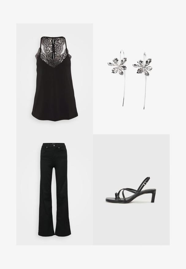Sort cami med blonderdetaljer ved V-udskæringen og ryggen. Har justerbare stropper og en glat stoffascist. Regular fit.; Sorte flared jeans lavet af denim, med høj talje, fem lommer og metalknaplukning. Glat tekstur med minimal dekoration.; Sort remsandale med firkantet tå og en lav blokeret hæl. Har flere tynde stropper og en justerbar ankelrem. Fremstillet af glat læder.; Sølvringe formet som blomster med en struktureret overflade, der har lange kroge og kronblad-lignende detaljer for et indviklet design.