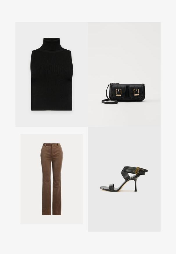 Svart ermløs turtleneck topp med ribbet tekstur og tettsittende design. Glatt stoff med høy hals og ingen ekstra detaljer.; Brune cordfløyelsbukser med rett ben-design, som har beltehemper, frontlommer og subtile vertikale ribber for tekstur.; Svarte hælsandaler med kryssende stropper og justerbar spenne. Har en jevn tekstur og avsmalnende stilettoklakk.; Svart skinn crossbody veske med to frontlommer, gyldne spenner, glidelåslukking og en slank stropp. Teksturert overflate og kompakt rektangulær form.