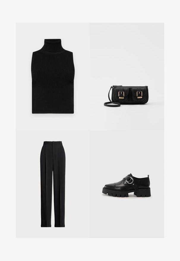 Zwarte mouwloze coltrui met geribbeld textuur en een getailleerd ontwerp. Glad materiaal met een hoge hals en zonder extra versieringen.; Zwarte op maat gemaakte broek met een hoge taille, voorzien van plooien aan de voorkant, een recht gesneden ontwerp en een omslagrand. Gemaakt van een soepele stof.; Zwarte leren schoenen met een robuuste, geribbelde zool, voorzien van een ronde zilveren hardwareaccent en minimale stikdetails.; Zwarte leren schoudertas met twee vo pockets, gouden gespen, ritsluiting en een smalle band. Tekstuur oppervlak en compacte rechthoekige vorm.