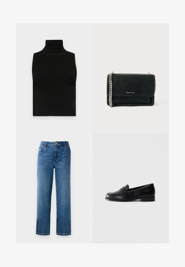Top senza maniche nero a collo alto con texture a coste e design aderente. Tessuto morbido con collo alto e senza ulteriori decorazioni.; Jeans blu a vita alta con gamba dritta, realizzati in denim, dotati di cinque tasche e dettagli in metallo dorato.; Mocassino in pelle nera con tacco basso e emblema decorativo dorato sulla fascia, esposto su uno sfondo grigio chiaro uniforme.; Borsa in suede nera con una tracolla in catena argentata, dotata di chiusura a patta e dettaglio del logo in rilievo sulla parte anteriore. Forma compatta e rettangolare.