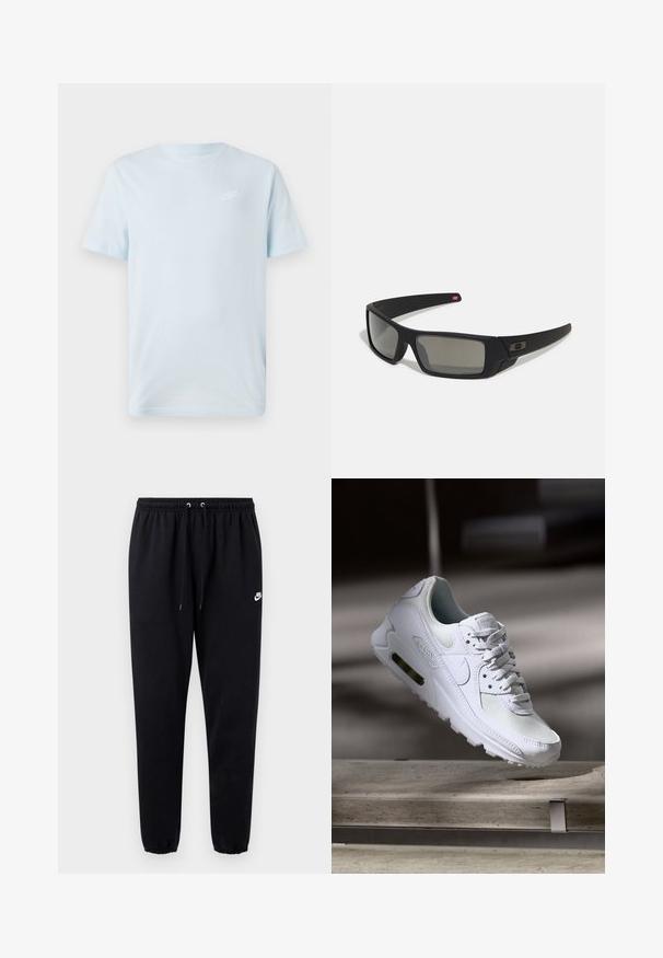 Světle modré bavlněné tričko s krátkým rukávem a kulatým výstřihem, zdobené malým bílým logem Nike na levé hrudi.; Černé tepláky z měkké látky s elastickým pasem se šňůrkou, zužujícími se nohavicemi a malým bílým logem na levé straně.; Bílé tenisky Nike Air Max 90 s vrchním materiálem z textilu a kůže, perforovanou špičkou a viditelnou vzduchovou jednotkou v patě.; Černé sluneční brýle s matným povrchem, obdélníkové čočky, mírná křivka na spáncích, nenápadný detail loga a čočky s kouřovým zabarvením.