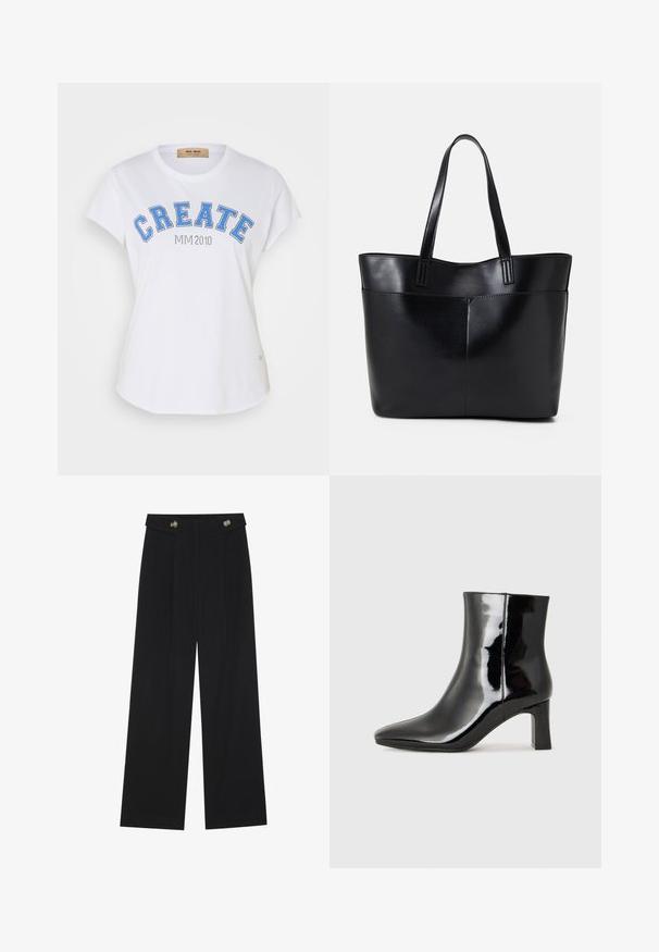White cotton T-shirt featuring a crew neck, short sleeves, and blue graphic text "CREATE" with "MIM 2010" underneath. Curved hem detail.; Black wide-leg trousers with high waist, button details on waistband, and front pleats.; Black patent leather ankle boot with a pointed toe and a mid-height block heel. Smooth texture and minimalist design.; Black leather tote bag with two long handles, a smooth texture, and a structured shape. Features a front pocket for additional storage.