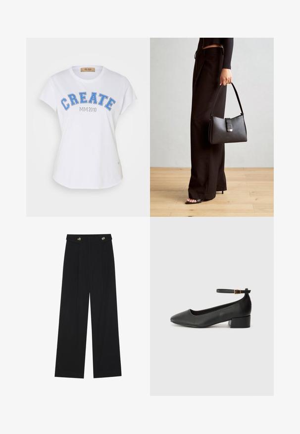 Balts kokvilnas T-krekls ar apaļu kaklu, īsām piedurknēm un zilu grafisku tekstu "RADĪT" ar "MIM 2010" zem tā. Ar izliekta apakšmalas detaļu.; Melnas platās bikses ar augstu jostasvietu, pogu detaļām uz jostas un priekšējām krokām.; Melnas ādas sūkņi ar smailu purngalu un zemu bloku papēdi. Iezīmēts ar potītes siksniņu ar zelta krāsas sprādzi. Gluda tekstūra.; Melnā somiņa ar strukturētu formu, gludu tekstūru un metālu sprādzi. Saskaņota ar platām melnām biksēm un sandālēm ar atvērtu purngalu uz koka grīdas.