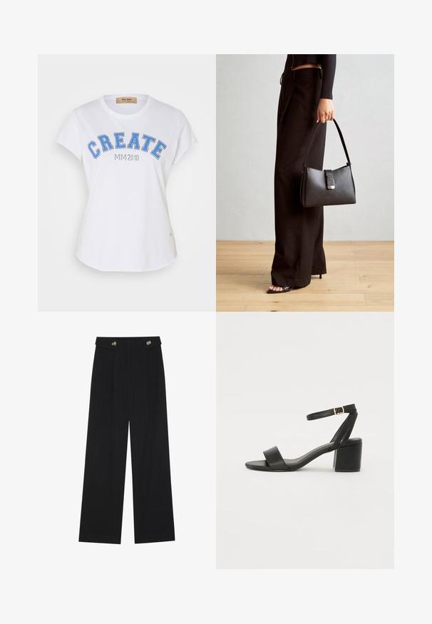 Balta medvilninė marškinėlių suapvalintu kaklu, trumpomis rankovėmis ir mėlyna grafika "CREATE" su "MIM 2010" po ja. Suapvalintas hemų detalė.; Juodi plačios kojos kelnės su aukštu liemeniu, sagų detalėmis ant liemens ir priekinėmis raukšlėmis.; Juodos aukštakulnės sandalai su lygiu odiniu viršumi, atvira nosimi, plačiomis priekinėmis dirželiomis ir reguliuojama kulkšnies juosta su auksiniu sagtimi.; Juodas rankinė struktūrizuota forma, lygi tekstūra ir metalinis užsegimas. Suporuota su plačiomis juodomis kelnėmis ir atvirais bateliais ant medinių grindų.
