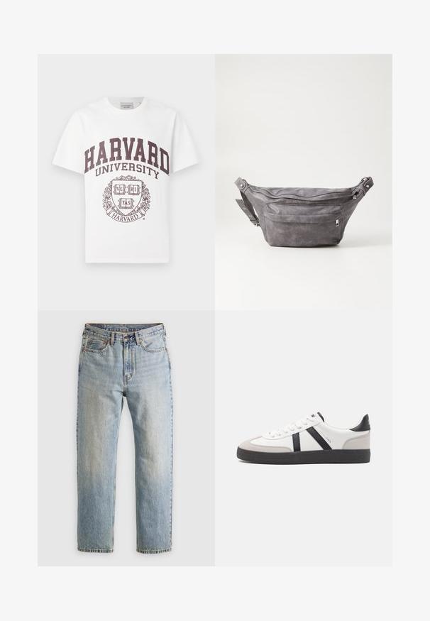 Balti medvilninė marškinėlių, kuriuose raudonai rudas užrašas "HARVARD UNIVERSITY" ir centrinis emblema su žodžiu "VERITAS" šarvo dizainą.; Šviesiai mėlynos džinsinės kelnės su aukštu liemeniu, priekyje mygtukas, užtrauktukas ir penkių kišenių dizainas, išklotos ant neutralios fono.; Balti sportbačiai su juodais ir pilkais akcentais, pasižymintys tekstūruotu pilku pirštų dangteliu, juoda gumine padais ir plokščiomis baltomis raišteliais. Švarus dizainas, minimalistinis stilius.; Pilkas suedes fanny pack'as apvalios formos, su dviem užtraukiamais skyreliais ir reguliuojama diržele. Yra metaliniai aksesuarai.