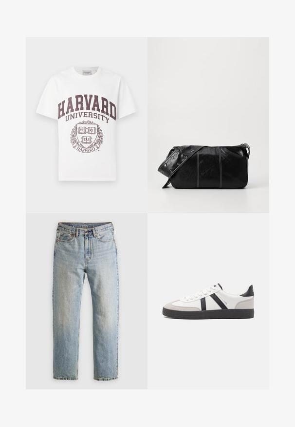 Tricou din bumbac alb cu text maron "HARVARD UNIVERSITY" și un emblema centrală cu cuvântul "VERITAS" într-un design de scut.; Jeans din denim de culoare albastru deschis, cu talie înaltă, nasture frontal, fermoar și design cu cinci buzunare, așezate platesc pe un fundal neutru.; Sneaker alb cu accente negre și gri, având un capac de vârf gri texturat, talpă din cauciuc negru și șireturi plate albe. Design elegant, stil minimalist.; Geantă de umăr din piele neagră cu închidere cu fermoar, având un corp texturat, cusături albe și o curea cu ochiuri argintii.