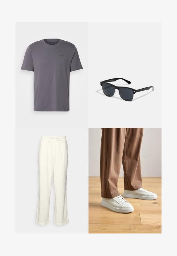 Pilka medvilninė marškinėliai su apvaliu kaklu, trumpomis rankovėmis ir subtiliu logotipu viršutiniame kairiajame kampe. Lygus audinys ir laisvas siluetas.; Neryškios baltos lino kelnės su raišteliu liemens srityje, šiek tiek plačiomis kojomis ir sukniustais mankštiniais kraštais, suteikiančiais laisvą prigludimą. Be kišenių.; Asmuo vilkintis baltus tekstūruotus žemus sportinius batelius ir laisvas rudas kelnes, stovintis ant šviesaus medinio grindų paviršiaus.; Juodos saulės akinių su stačiakampiu rėmeliu, tamsiais lęšiais, sidabrinėmis detalėmis šventrajose ir matinio paviršiaus rėmeliu.