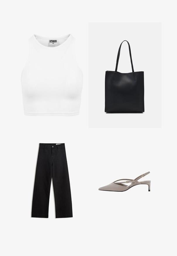 White ribbed crop top with a high neckline and sleeveless design. Made from soft, stretchy fabric for a comfortable fit.; Black wide-leg denim pants with a high waist, featuring front and back pockets, stitched seams, and a button closure. Smooth texture.; Beige slingback heels with a pointed toe, thin crossed straps, and a short stiletto heel. Smooth fabric with gold-tone hardware accents.; Black leather tote bag with smooth texture, rectangular shape, and two long handles. No visible hardware or embellishments.