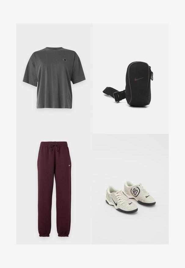 T-shirt cinza de algodão com decote redondo e mangas curtas. Apresenta um pequeno logótipo em cor contrastante na área esquerda do peito.; Calças jogger em borgonha com cintura elástica e cordão ajustável. Apresenta punhos canelados e um pequeno logótipo branco do lado esquerdo.; Tênis Nike com um upper texturizado em bege e cinza, detalhes em preto, um grande logótipo "90" e um fecho de atacadores branco. Sola preta.; Pochete preta da Nike com fecho de zip, tecido texturizado, detalhes em castanho e uma correia destacável. Apresenta um logótipo da Nike em destaque na parte da frente.