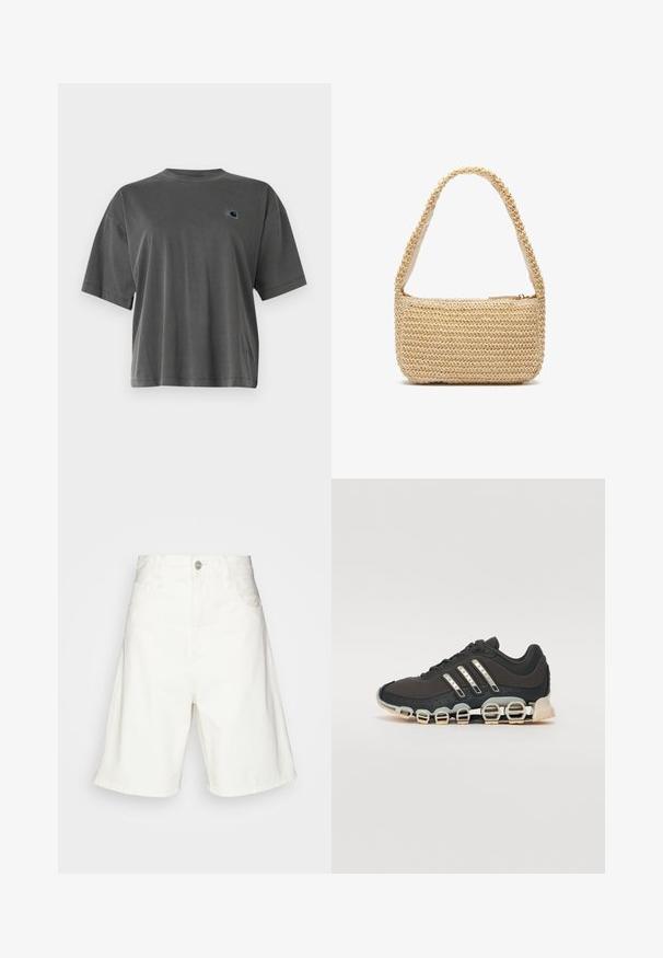 Graues Baumwoll-T-Shirt mit Rundhalsausschnitt und kurzen Ärmeln. Mit einem kleinen Logo-Patch in kontrastierender Farbe im linken Brustbereich.; Weiße Jeansshorts mit hoher Taille, ausgestattet mit einem vorderen Knopfverschluss, zwei seitlichen Taschen und einem lockeren Schnitt. Glatte Textur ohne sichtbare Muster.; Schwarzer Sportschuh mit einer strukturierten Oberseite, drei silbernen Streifen und einer markanten Dämpfungssohle mit mehreren integrierten Sektionen.; Geflochtene Strohtasche in hellbeige, mit einem glatten Stofffutter, einem Reißverschluss und einem runden Tragegurt für einfachen Transport.