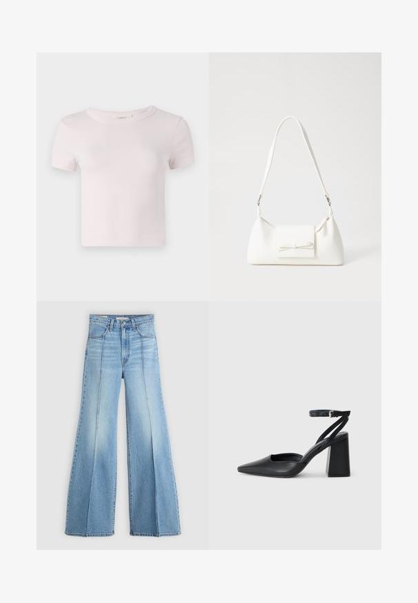 T-shirt rosa in cotone a maniche corte con scollatura rotonda e vestibilità rilassata. Tessuto morbido e design semplice, adatto per un abbigliamento casual.; Jeans azzurri a vita alta con gambe larghe, tasche anteriori e posteriori, passanti per cintura e dettagli delle cuciture verticali sul davanti.; Pump in pelle nera con punta affusolata, cinturino alla caviglia e tacco spesso. Texture piatta, design elegante ed estetica minimalista.; Borsa sintetica bianca a forma triangolare, con patta anteriore piatta e dettaglio a fiocco, tracolla regolabile, texture liscia e design minimalista.