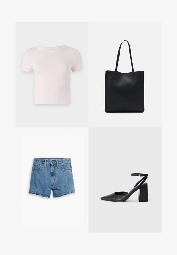 Majica kratkih rukava od ružičaste pamučne tkanine s okruglim izrezom i ležernim krojem. Glatka tekstura i jednostavan dizajn, prikladni za svakodnevno nošenje.; Traper šorts u svijetloplavoj boji, sa pet džepova, rajsferšlusom i kopčanjem na dugme. Rubovi su pohabani, a dizajn je opušten.; Crne kožne cipele s špicastim vrhom, remenom oko gležnja i debelim potplatom. Ravna tekstura, elegantan dizajn i minimalistička estetika.; Crna kožna torba za nošenje s glatkom teksturom, pravokutnim oblikom i dvije duge ručke. Nema vidljivih metalnih dijelova ili ukrasa.