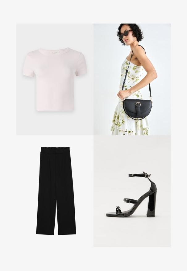 Kortermet rosa bomulls t-skjorte med rund hals og avslappet passform. Jevn tekstur og enkelt design, passende for hverdagsbruk.; Svarte vide bukser med rynket liv, med to sidelommer og et glatt, lett stoff. Ingen synlige mønstre eller metalldeler.; Svart høyglans sandaler med hæl, firkantet tå, ankelremmer og sølvspenner. Har en kraftig blokkhæl for stabilitet.; Svart lærveske med en buet form, avtagbar stropp og gullbeslag. Vesken har et klaff med spenne-detall.