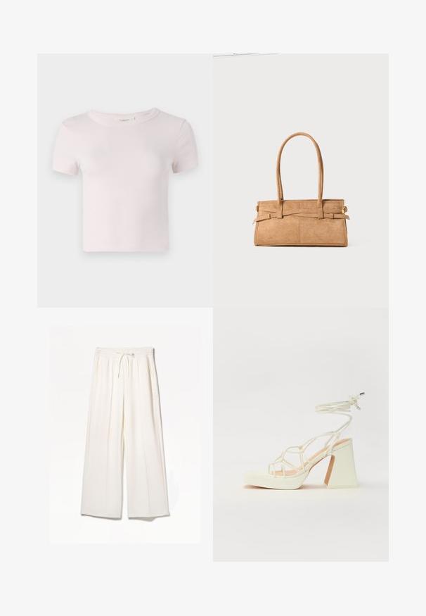 Rövid ujjú, rózsaszín pamut póló kerek nyakkivágással és laza szabással. Sima textúrával és egyszerű dizájnnal rendelkezik, alkalmas hétköznapi viseletre.; Fehér, széles szárú nadrág, könnyű anyagból készült, gumis derékkal, húzózsinórral és oldalsó zsebekkel, látható minták nélkül.; Fehér, magassarkú szandál vastag sarokkal, pántos dizájnnal és bokapánttal. Sima textúra, elülső platformmal a megnövelt magasság érdekében.; Barna nubuk bőr kézitáska, két hosszú fogantyúval, téglalap alakú, és díszítő varrással. Oldalszíja és diszkrét arany fém kiegészítők találhatók rajta.