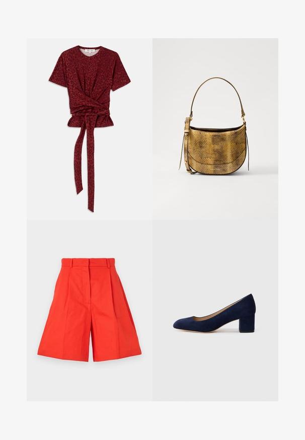 Camiseta de leopardo rojo con escote redondo, mangas cortas y detalle de cintura anudada; fabricada con una tela suave y texturizada.; Pantalones cortos de algodón rojo con cintura alta, que cuentan con pliegues y una silueta de corte amplio. Textura suave y líneas limpias. Sin bolsillos ni adornos.; Zapato de tacón de ante azul marino con punta afilada y tacón bloque de altura media. Textura suave con un ligero brillo y un pequeño corte en la parte delantera.; Vanessa Bruno MINI DAILY BAG - Bandolera - camel