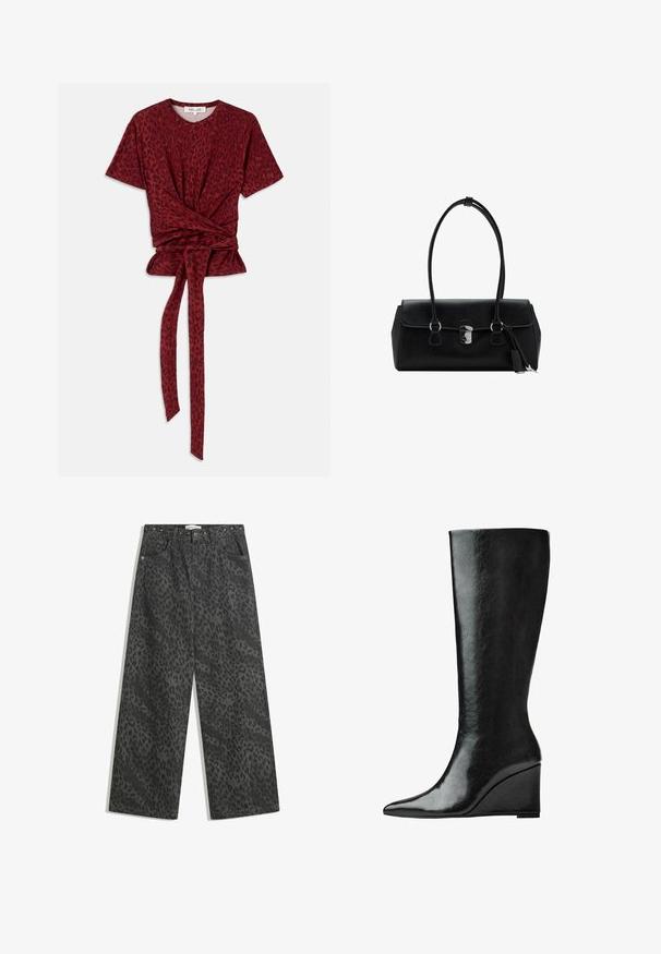 T-shirt con stampa leopardata rossa, colletto rotondo, maniche corte e dettaglio in vita annodato; realizzato in un morbido tessuto testurizzato.; Pantaloni in denim neri a gamba larga con un sottile motivo leopardato, dettagli in borchie metalliche sulla cintura e il classico design a cinque tasche.; Stivali in pelle nera alti fino al ginocchio, con punta affilata e tacco a zeppa. La superficie è liscia con una finitura lucida.; Borsa a mano in pelle nera con una texture liscia, design strutturato, doppi manici e un dettaglio clasp in argento al centro.