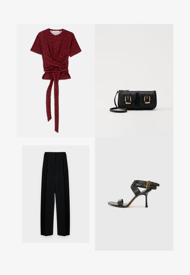 Rode luipaardprint T-shirt met een ronde halslijn, korte mouwen en een geknoopt taille-detail; gemaakt van zachte, textuurstof.; Zwarte wijde broek met een hoge taille, met plooien en een gladde textuur. De stof lijkt lichtgewicht en valt elegant.; Zwarte hoge hak sandaal met gekruiste bandjes en verstelbare gespsluiting. Heeft een gladde textuur en een taps toelopende stilettohak.; Zwarte leren schoudertas met twee vo pockets, gouden gespen, ritsluiting en een smalle band. Tekstuur oppervlak en compacte rechthoekige vorm.