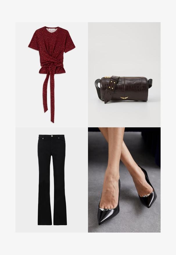 Tricou cu imprimeu de leopard roșu, cu decolteu rotund, mâneci scurte și detaliu de talie legat; realizat dintr-un material moale, cu textură.; Blugi negri evazați din denim, care prezintă două buzunare frontale, o închidere cu buton și o textură netedă. Coaserea semnăturii vizibilă la cusături.; Pantofi negri din piele cu toc înalt, cu vârf ascuțit și design deschis, având un accent decorativ din argint. Textură netedă cu finisaj lucios.; Geantă din piele căptușită cu un model de crocodil de culoare maro, cu o formă cilindrică, accesorii de culoare aurie și un curea detasabilă cu tăieturi.