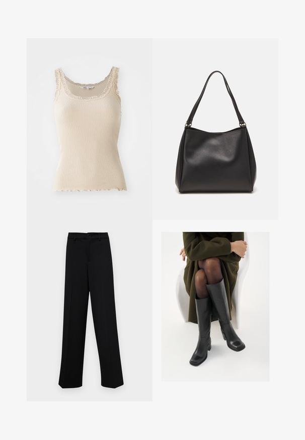 Beige bordázott ujjatlan felső csipkés díszítőelemmel a nyakkivágásnál és a pántoknál. Kerekített alsó szegély, puha tapintású anyagból készült a kényelem érdekében.; Fekete, széles szárú nadrág sima anyagból, klasszikus derékrésszel, gombzárral és elülső redőkkel.; Térdfelett érő fekete bőr csizmák négyzet alakú orral és tömbtalppal, olajzöld kabátban ülő modellel bemutatva. Simaság, minimalista részletezés.; Fekete szintetikus bőr kézitáska puha tapintással, hobo forma, és dupla vállpánt; fényes felülettel és minimál stílussal rendelkezik.