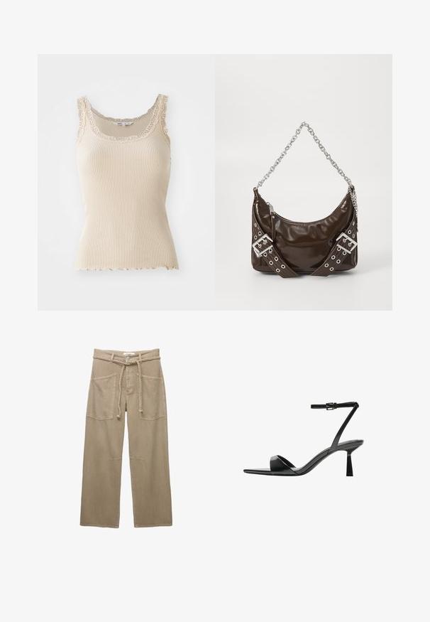 Beige ribbed tank top with lace trim along the neckline and straps. Scalloped hem detail, made from soft-textured fabric for comfort.; Beige wide-leg pants made of durable fabric, featuring large front pockets, a braided belt, and subtle stitching details.; Bershka High heeled sandals - black; Dark brown patent leather handbag with silver chain strap, decorative double buckled belts, and zipper closure.