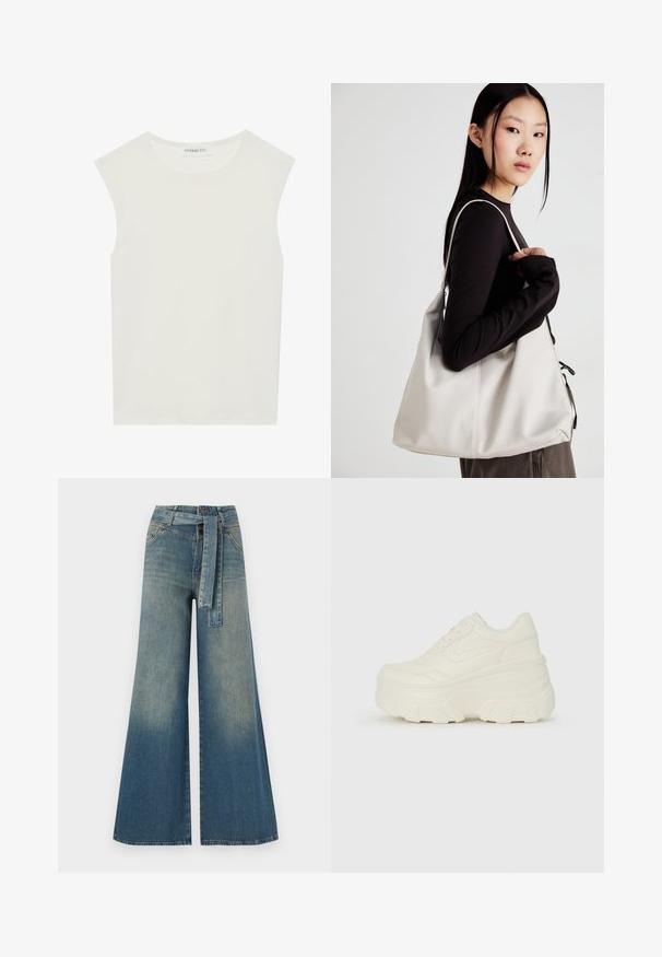 Top bianco senza maniche con scollatura rotonda. Realizzato in tessuto liscio, presenta una vestibilità rilassata e un design minimalista. Nessun motivo o accentuazione.; Pantaloni in denim a gamba larga con una sfumatura che va dal blu chiaro al blu scuro, vita alta, passanti per cintura e una cintura in tessuto coordinato. Finitura in denim strutturato.; Sneakers bianchi con piattaforma, caratterizzati da una parte superiore simile alla pelle liscia, forma arrotondata, collo imbottito e suola in gomma testurizzata con scanalature ben definite.; Borsa a mano beige realizzata in materiale morbido, caratterizzata da un design morbido, dettagli cuciti e due manici. Adatta per l'uso quotidiano.