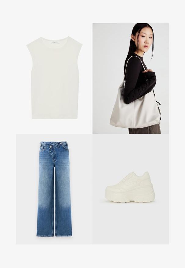 Bela brezrokavnica s okroglim izrezom. Narejena iz gladkega materiala, ima sproščen kroj in minimalističen dizajn. Brez vzorcev ali okrasnih elementov.; Svetlo modri široki kavbojke z zbledelim videzom, ki vključujejo klasičen dizajn s petimi žepi in kovinske gumbe na pasu.; Bele platformske tene z belim zgornjim delom, ki spominja na usnje, okroglo obliko, oblazinjen ovratnik ter gumo z teksturo na podplatu z izrazitimi profili.; Bežna torbica iz mehkega materiala, z ohlapno zasnovo, šivi in dvema naramnicama. Primerna za vsakodnevno uporabo.
