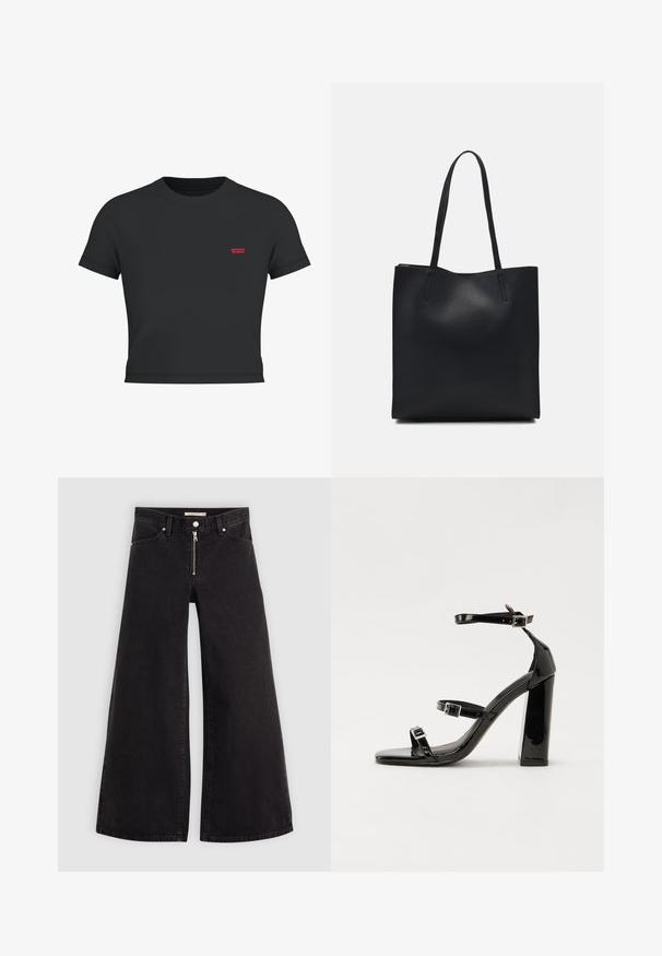 Černé tričko s krátkým rukávem vyrobené z bavlny, s malým červeným logem Levi's na levé hrudi a klasickým designem kulatého výstřihu.; Džíny s širokými nohavicemi v černém denimovém provedení se zipem vpředu, pěti kapsami a jemnými švy. Hladká textura a ležérní styl.; Černé lakované sandály na podpatku se čtveratou špičkou, lýtkovými pásky a stříbrnými přezkami. Disponují masivním blokovým podpatkem pro stabilitu.; Černá kožená taška přes rameno s hladkým povrchem, obdélníkovým tvarem a dvěma dlouhými uchy. Žádné viditelné kování ani ozdoby.