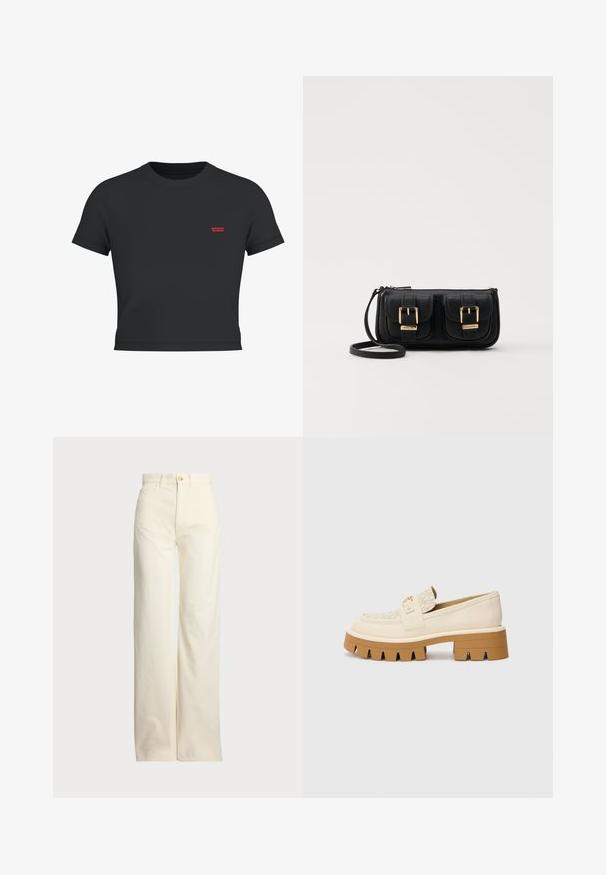 Svart t-skjorte med korte ermer laget av bomull, med en liten rød Levi's-logo på venstre bryst, i en klassisk rund halsdesign.; Polo Ralph Lauren COTTON CORDUROY WIDE-LEG PANT - Bukse - warm white; Beige loafers med en teksturert kremfarget stropp, med en kraftig brun såle med tannlignende mønstre. Gullfarge på spenne-detaljen.; Svart skinn crossbody veske med to frontlommer, gyldne spenner, glidelåslukking og en slank stropp. Teksturert overflate og kompakt rektangulær form.