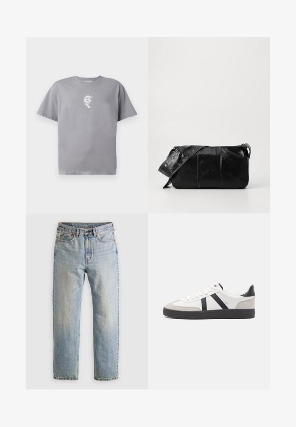 Harmaa puuvillapaita, jossa on valkoinen lohikäärme grafiikka vasemmassa rinnassa, lyhyet hihat ja rento istuvuus pyöreällä kaula-aukolla.; Vaaleansininen farkut, joissa on korkea vyötärö, etunappi, vetoketju ja viisi taskua, asetettu tasaisesti neutraalille taustalle.; Valkoiset lenkkarit mustilla ja harmailla yksityiskohdilla, joissa on teksturoitu harmaa kärki, musta kumipohja ja litteät valkoiset nauhat. Siisti muotoilu, minimalistinen tyyli.; Mustakulmainen nahkainen olkalaukku, jossa on vetoketjukiinnitys, teksturoitu pinta, valkoiset ompeleet ja hihna, jossa on hopeiset niitit.
