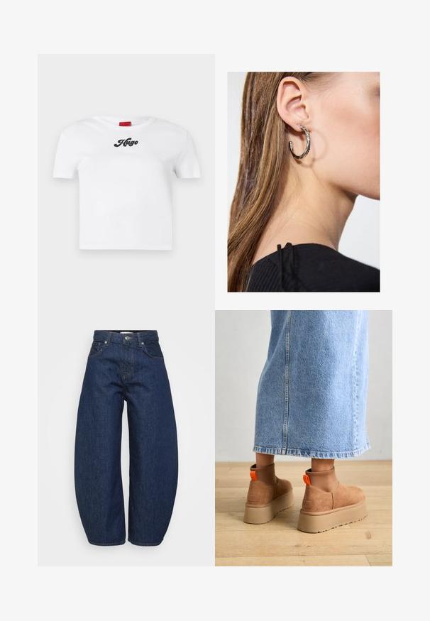 T-shirt de algodão branco de manga curta com decote redondo e lettering preto "Hugo" ao centro. Textura suave, design simples.; Jeans de ganga azul escura de cintura alta, com pernas largas, fecho frontal por botão e zipper, e design clássico de cinco bolsos.; Botas plataforma em camurça castanha com painéis laterais elásticos e puxadores laranja, combinadas com uma saia de ganga clara até ao joelho, em um chão de madeira.; Brinco de argola prateada com acabamento polido, apresentando pequenos detalhes em dourado e uma forma redonda, usado na orelha.