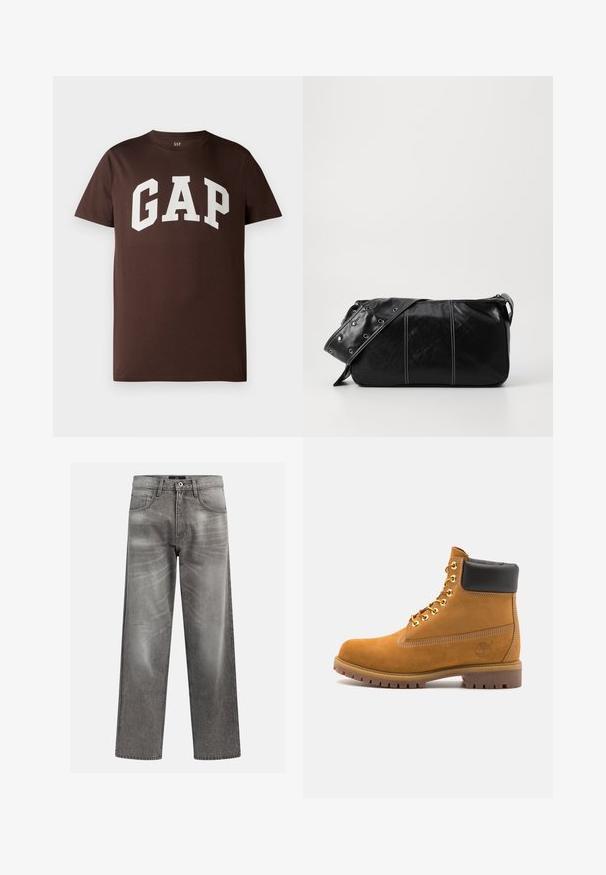 Brūns kokvilnas T-krekls ar baltu "GAP" logo drosmīgā universitātes stilā. Īsas piedurknes un apaļa kakla izgriezuma forma. Gluda tekstūra.; Pelēki denim džinsi ar brīvu piegriezumu, ar izsistu un izbalējušu detaļu, klasisko piecu kabatu dizainu un pogu aizdari.; Brūna zamša potīte ar melnu izšuvumu ap kaklu, zelta metāla acu caurumi, balta šuvju apdare un izturīgs gumijas zole ar izteiktu zīmējumu.; Melnas ādas plecu soma ar rāvējslēdzēja aizdari, ar teksturētu virsmu, baltu dūrienu un siksnu ar sudraba iekavām.