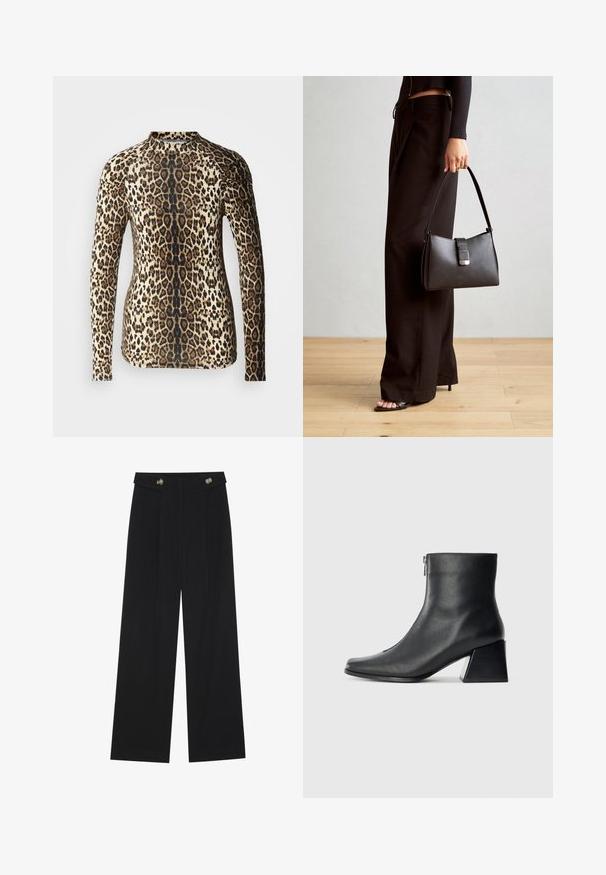 Ilga rankovė viršuje su gepardo raštu, su bežine ir ruda spalvomis, išlaikanti prigludusią formą ir apvalų iškirpimą. Vienalytė tekstūra.; Juodi plačios kojos kelnės su aukštu liemeniu, sagų detalėmis ant liemens ir priekinėmis raukšlėmis.; Juodas odinis kulkšninis botas su kvadratiniu pirštu, šoniniu užtrauktuku ir blokuotu kulnu, prieš lengvą paprastą foną.; Juodas rankinė struktūrizuota forma, lygi tekstūra ir metalinis užsegimas. Suporuota su plačiomis juodomis kelnėmis ir atvirais bateliais ant medinių grindų.