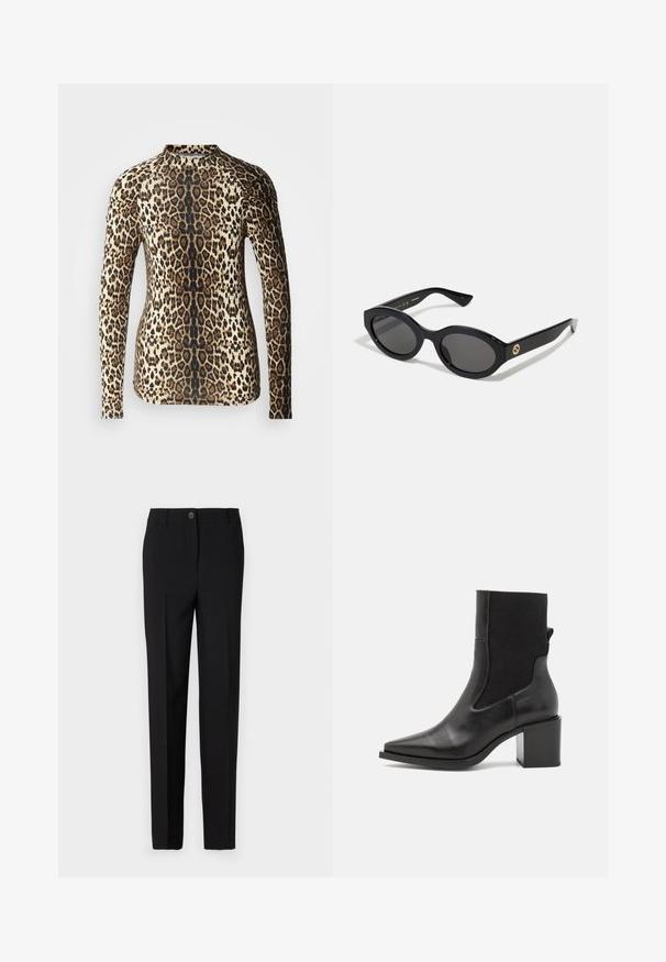 Langermet topp med leopardmønster, med et design i beige og brunt, som har en tettsittende fasong og rund hals. Glatt tekstur.; Sorte skreddersydde bukser med rett bendesign, med knappelukking og beltehemper, laget av glatt stoff.; Svart ankelstøvel med spiss tå, laget av glatt lær og elastisk stoff. Har blokkhelt og minimalistisk design.; Sorte ovale solbriller med mørke linser og blank plastramme. Har gulllogo på stengene, og tilbyr et elegant og moderne design.; Blåmønstret håndveske laget av stoff, med buet form, svart lærreim og logodesign i en lysere nyanse.