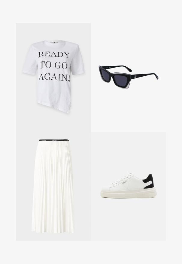 Camiseta blanca de manga corta con un estampado negro que dice "¡LISTO PARA IR OTRA VEZ!" y un gráfico de un avión en la parte inferior derecha.; Falda blanca plisada con una cinturilla elástica negra que presenta el logotipo "LACOSTE". Diseño de longitud media con textura suave.; Zapatillas blancas de cuero con una suela blanca gruesa, acento en el talón de ante negro y logo grabado en el lateral. Diseño de cordones con seis ojales.; Gafas de sol negras de gran tamaño con una forma geométrica, que presentan lentes oscuros y un detalle gris contrastante en la montura. Logo en la pata.