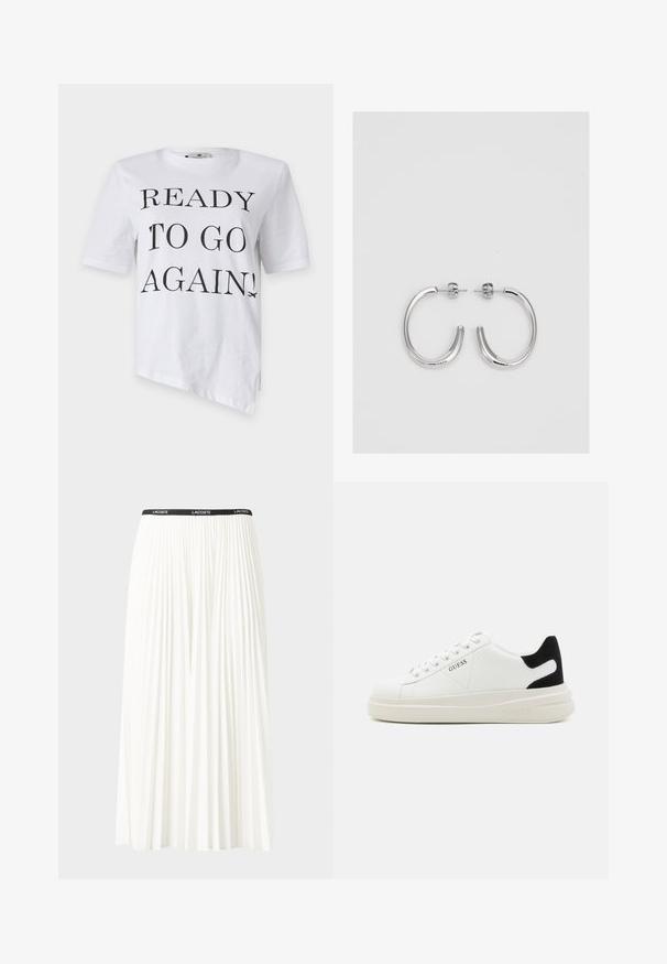 Tricou alb cu mâneci scurte, având imprimeu negru pe care scrie "READY TO GO AGAIN!" și o grafică cu un avion în dreapta jos.; Fustă plisată albă cu un brâu elastic negru, având logo-ul "LACOSTE". Design de lungime medie, cu textură moale.; Adidași din piele albă cu o talpă groasă albă, accent de călcâi din suede negru și logo embosat pe lateral. Design cu șireturi și șase orificii.; Cercei creole din argint cu suprafață netedă și lucioasă, având o formă curbată și închidere cu tija. Design minimalist cu un finisaj modern.