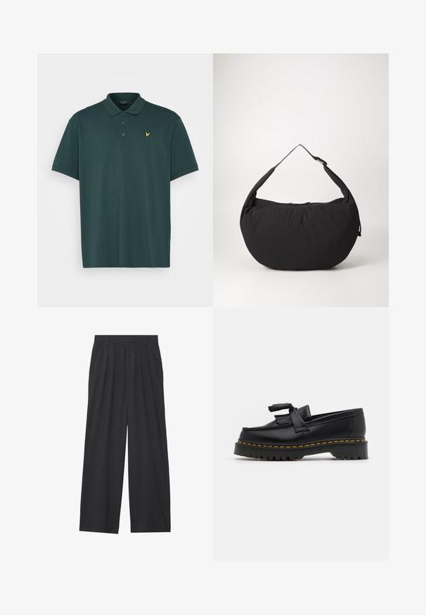 Lyle & Scott PLAIN - Poloshirts - teal; Vidder bukser lavet af mørkegrå stof. Har folder ved taljen, et skræddersyet design og en lige silhuet.; Sort læderloafer med en frynsedetalje, der har en kraftig sort sål og gul syninger langs kanten. Teksturert overflade.; Sort stof skuldertaske med en buet form, udstyret med en enkelt rem og en lynlås lukning. Blød tekstur, minimalistisk design.