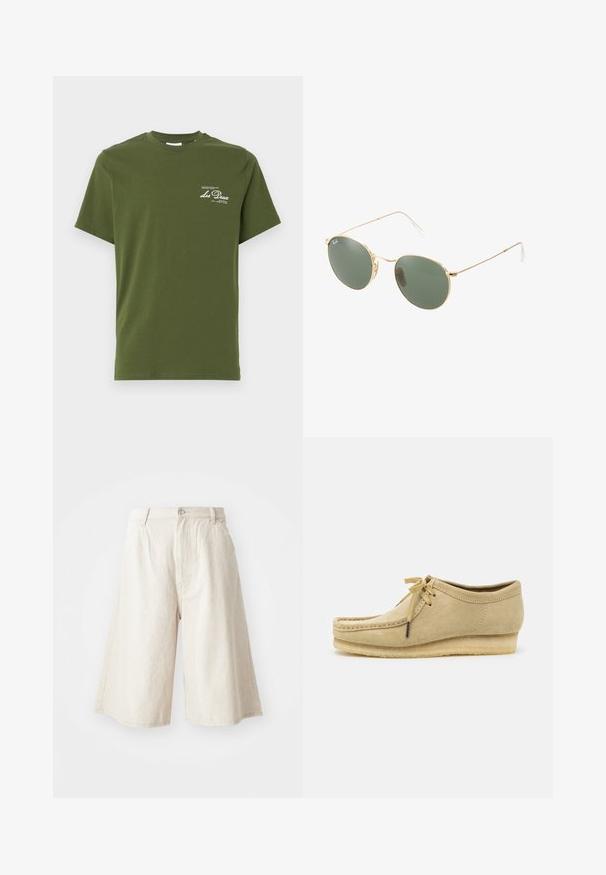 Olivegrønn bomulls t-skjorte med korte ermer, rund hals og hvit trykket tekst på venstre brystområde. Jevn tekstur, uformell design.; Beige vide shorts laget av bomull, med rett snitt, frontlommer og synlig knappelukking i midjen.; Beige semsket sko med snøring, sydd detaljer og gummisåle. Formen er uformell med en liten kilehæl.; Gullmetalramme solbriller med grønne linser, rund form, tynne stenger og hvite plastdetaljer på tuppene av armene.