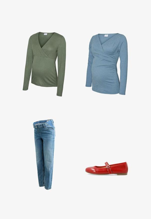 Zeleno rebrast dolg rokav nosečniški vrh z zavitim dizajnom, mehko teksturo in prilegajočo obliko, primeren za prilagajanje rastočemu trebuščku.; Majica za nosečnice z dolgimi rokavi iz svetlo modrega rebrastega materiala, z v-izrezom in nabranimi detajli spredaj in ob straneh.; Svetlo modri kavbojki z naravnim krojem, s srednjim položajem pasu, petimi žepi in kontrastnimi šivi.; Rdeča lakasta balerinka z zaobljenim nosom, okrasna naramnica s krožno sponko in gladka, sijoča površina.