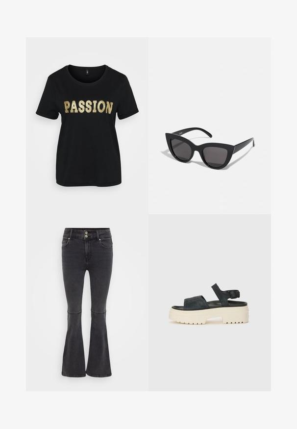 Juodas medvilninis marškinėlis trumpomis rankovėmis, kuriame išsidėstęs žodis "Aistra" auksiniu blizgučiu. Apvalus iškirpimas, laisvas modelis.; Juodos flared džinsai, pagaminti iš džinsinio audinio, su aukštu liemeniu, dvigubu mygtuko uždarymu ir priekinėmis kišenėmis su švariu apdaila.; Juodos zomšos platforminės sandalai su masyviu baltu padais, plačia priekinė juostele ir reguliuojamu kulkšnies užsegimu. Textūruotas padas užtikrina sukibimą.; Juodos katės akies akinių nuo saulės su matinio paviršiaus danga, turinčiais pilkai tonuotus lęšius, aštriomis linijomis ir elegantiškomis šoninėmis kojelėmis. Prekės ženklas matomas vidinėje kojelėje.
