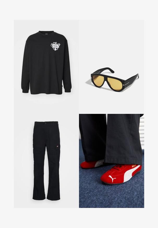 Czarna koszulka z długim rękawem wykonana z bawełny, z białym logo w wzór płomieni na lewej piersi i okrągłym dekoltem.; Czarne spodnie cargo z prostym krojem, wykonane z wytrzymałego materiału, z bocznymi kieszeniami i naszywką z logo po lewej stronie.; Czerwone zamszowe sneakersy z białymi akcentami, z teksturowanym materiałem, okrągłym noskiem i złotym logo z boku, noszone z czarnymi spodniami.; Czarne okulary przeciwsłoneczne z geometrycznym wzorem, żółtymi soczewkami i złotymi akcentami na zausznikach. Gładka tekstura, szeroki kształt, nowoczesny design.