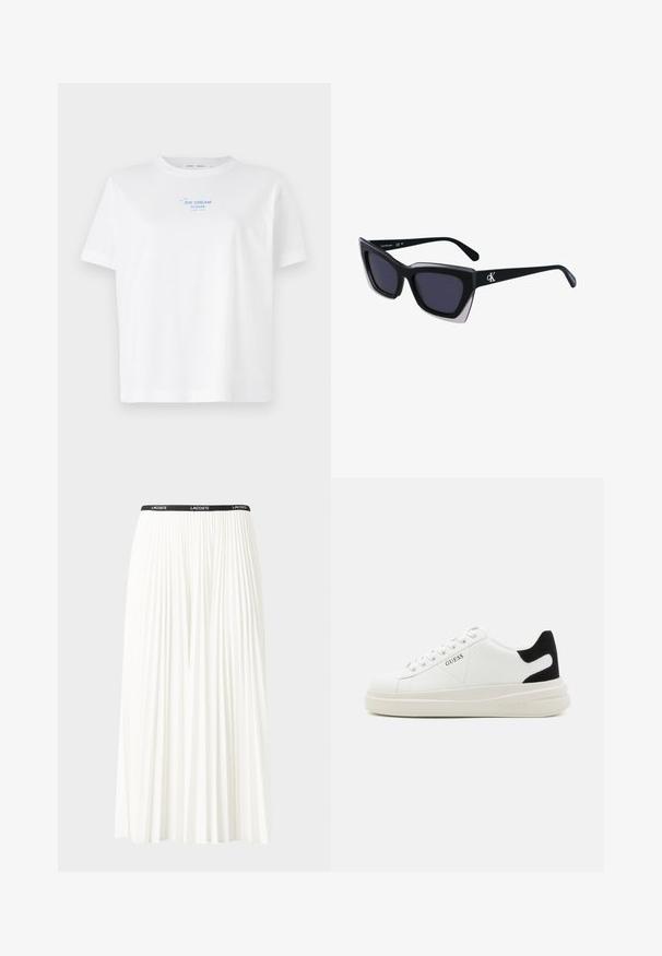 Valge puuvillane T-särk ringkaelusega, lühikeste varrukatega, kujundusega, millel on sinine trükitud tekst "ICE CREAM PLEASE" lihtsa jäätisekoonuse joonistuse kohal.; Kurtitudega valge seelik musta elastse vööga, millel on "LACOSTE" logo. Keskmise pikkusega disain pehme tekstuuriga.; Valged nahast tennisetossud paksu valge tallaga, musta sametist kontsakeeuga ja külje peal riigilogo reljeefne kujundus. Lukkeskeem kuue silmaauguga.; Mustad suured mustad prillid geomeetrilise kujuga, tumedate läätsedega ja kontrastse halli detailiga raamidel. Logo käe peal.