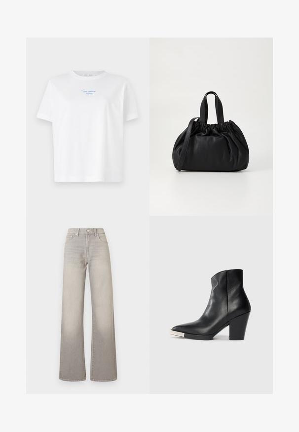 Fehér pamut póló környakú, rövid ujjú, kék nyomtatott szöveggel "JÉGKRÉM KÉREM" egy egyszerű vonalrajz mellett, ami egy jégkrém-kúpot ábrázol.; Szürke, bőszárú farmernadrág elhalványodott hatással, gombos záródással, öt zsebes kialakítással és varrással díszített varratokkal.; Fekete bőrből készült boka csizma hegyes orral, magas blokk sarkal és ezüst színű orrvezető részlettel. Simaság és egyszerű dizájn jellemzi.; Fekete bőr kézitáska, összegyűrt felső dizájnnal, két rövid fülekkel és egy hosszú, állítható pánttal. Simább textúra, lekerekített forma.
