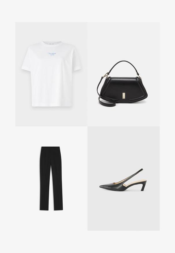 White cotton t-shirt with a round neck, short sleeves, featuring a blue printed text "ICE CREAM PLEASE" above a simple line drawing of an ice cream cone.; Black tailored trousers with a straight-leg design, featuring front pockets and a smooth, textured fabric. Neat, minimal detailing.; Black pointy-toed slingback shoe with a low heel, featuring smooth leather material and cut-out design on the side for breathability.; Black leather handbag with a structured design, featuring a cropped shape, top handle, and gold hardware accent. Adjustable shoulder strap included.